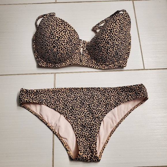 Shade & Shore Padded Push Up Bikini Top 34DD Bottoms M Leopard Print Ribbed Swim - Picture 2 of 16